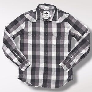 Express Gray White Plaid Pearl Snap Western Shirt Men’s Long Sleeve Size Medium